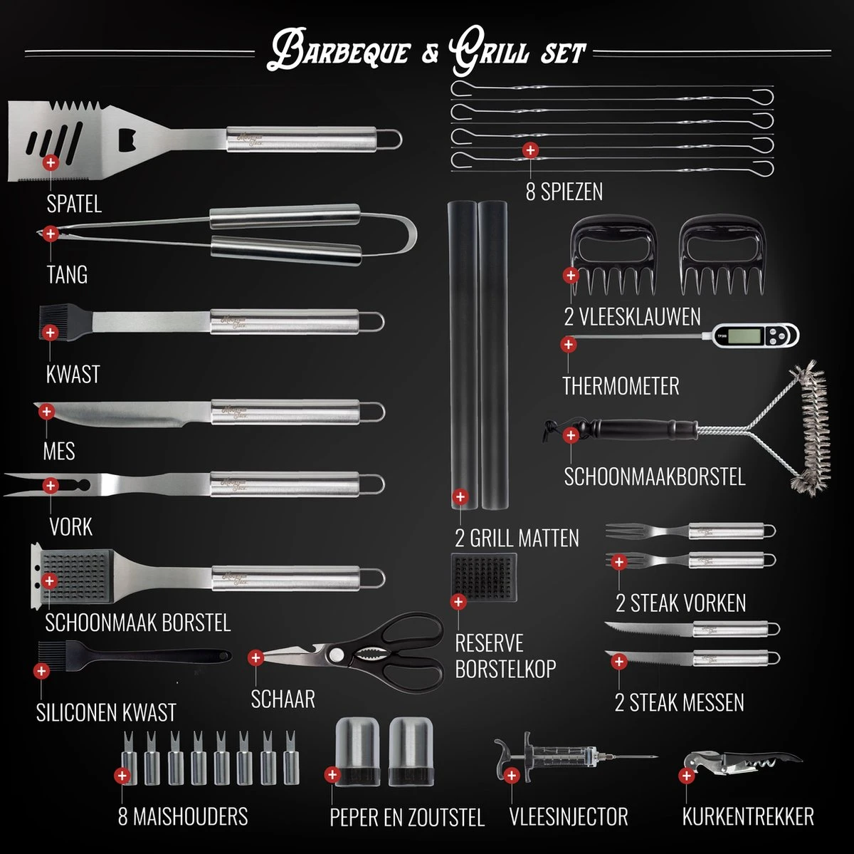 Mountain Jack® 40-Delige Luxe BBQ Grill Accessoires Set In Roestvrij Staal – Barbecue Gereedschap – Tangenset, Vlees Thermometer, Vleestang, Borstel, Spiezen, Vleesmes, Vleesvork 7 Mountain Jack® 40-Delige Luxe BBQ Grill Accessoires Set In Roestvrij Staal – Barbecue Gereedschap – Tangenset, Vlees Thermometer, Vleestang, Borstel, Spiezen, Vleesmes, Vleesvork - Afbeelding 5