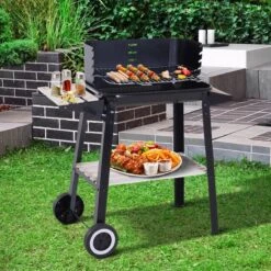 Verrijdbare Barbecue – Houtskool/Briketten - Verstelbare Grillplaat – Houten Tafel – Winscherm – Gewicht 5.9kg -Barbecue Benodigdheden 1200x1200 12