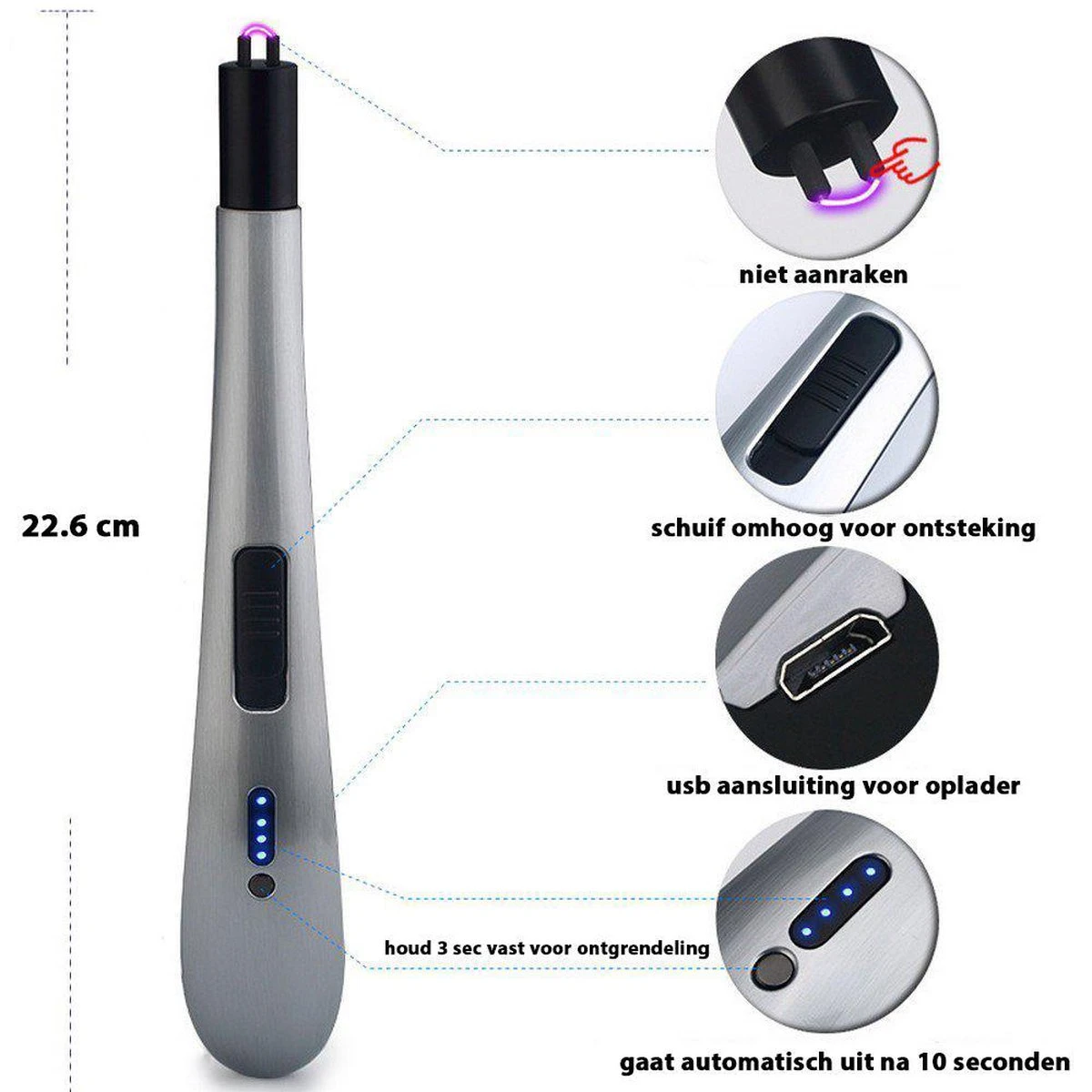 Oplaadbare Lange Elektrische Aansteker - Zilver - Duurzame Plasma Aansteker - Inclusief Cadeauverpakking - BBQ - Kaarsen 3 Oplaadbare Lange Elektrische Aansteker - Zilver - Duurzame Plasma Aansteker - Inclusief Cadeauverpakking - BBQ - Kaarsen - Afbeelding 2